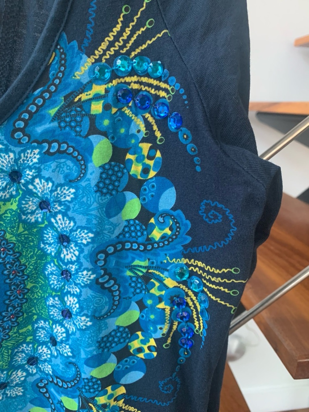 Desigual Navy Blue Long Sleeve Scoop Neck Top with Blue & Green Mandala Print - Picture 5 of 6